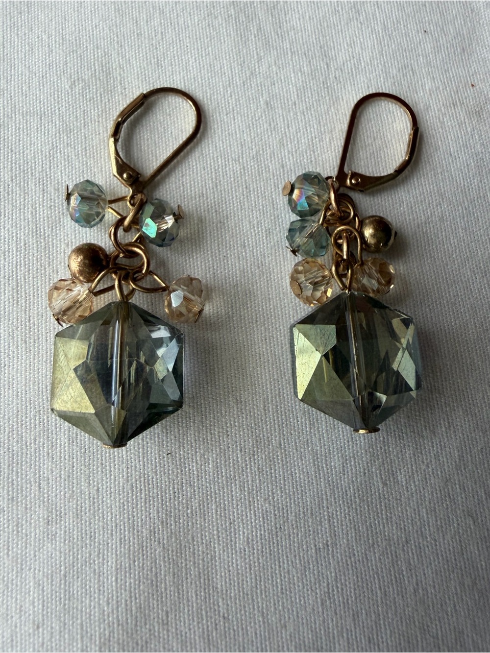 Smoky Crystal Faceted Cluster Drop Earrings Gold Tone